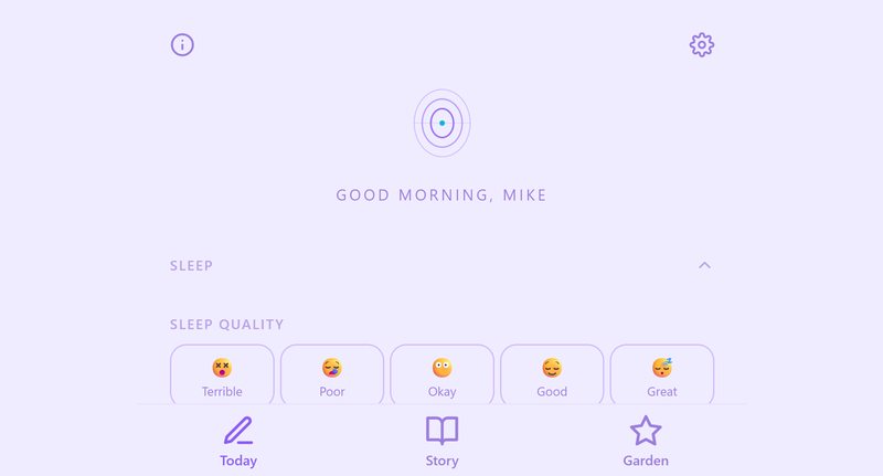 Het invoerscherm van Mirror met keuzes voor slaap, stemming, energie, stress en sociaal contact.